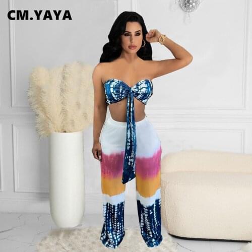 CM.YAYA Women Set Tie Dye Gradient Color Sleeveless Strapless Crop Tops Loose Pants Two 2 Piece Sets Tracksuit Summer Outfits