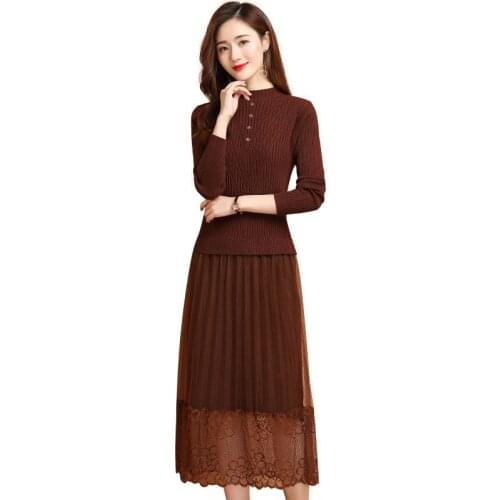 2021 Long Knitted Woman Dress Khaki black Lace stitching Dress Women Fall Long Sleeve Casual Ladies O Collar Dresses