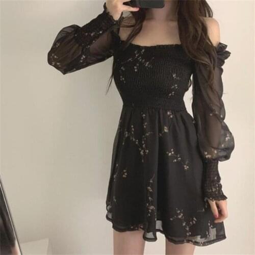 2021 Autumn Womens Sexy Black Dress Vintage Flower Long Puff Sleeve Chiffon Dresses Plus size Casual Mini Vestidos Mujer Clothes