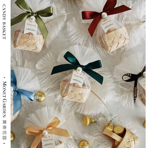 10Pcs/Lot Bamboo Basket Candy Box With Yarn Bag Chocolate Packaging Boxes Baby Shower Gift Bag Wedding Party Supplies