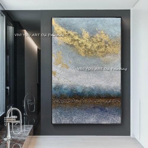 100% Handmade Gold Foil Ocean Oil Painting Art Pictures Home Decoration Hand Drawn Canvas Abstract Picture For Living Room