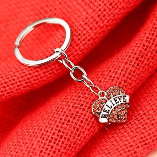 12PC/Lot Letter Believe Pink Crystal Rhinestone Love Heart Charms Keychain Women Family Friend Keyring Jewelry Gifts Bags Keyfob