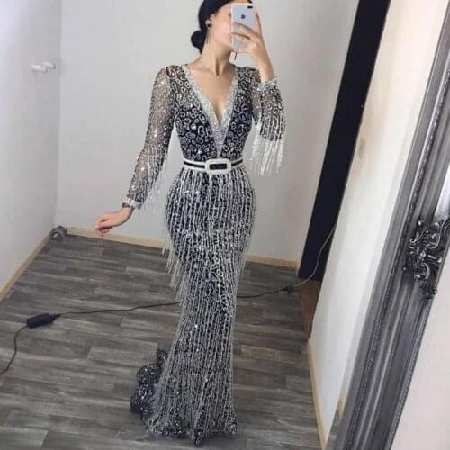 African Dresses For Women 2020 Tassel Long Sleeve V-Neck Sling Sequin Long Dress Empire Fashion New Maxi Dress Africa Clothing