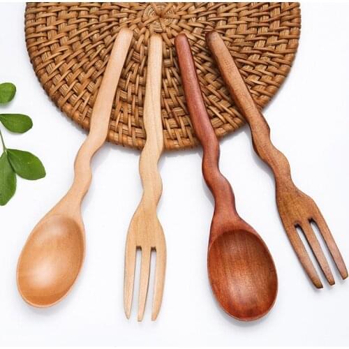 Dessert Restaurant Small Wooden Spoon Household Fork Japanese-style Lotus Long Handle Wavy Solid Wood Fork