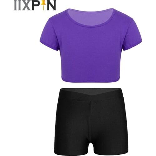 Girls Dance Clothes Gymnastics Workout Fitness Basics Short Sleeves T Shirt Crop Top and V-front Elastic Waistband Shorts set