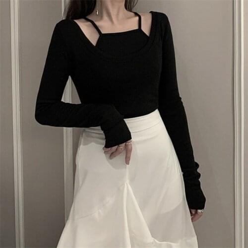 Off Shoulder Long Sleeve Sexy T Shirt Women Tshirt T-shirt Slim Collarbone Top Sling Fake Two Pieces Of Versatile Hanging Vogue