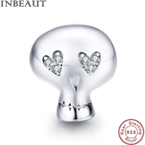 INBEAUT Real 925 Sterling Silver White CZ Heart Ghost Charms fit Brand Bracelet Zircon Chain Halloween Skeleton Chain Beads