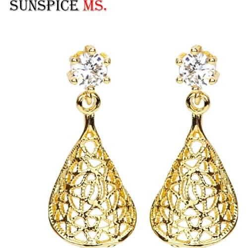 Sunspicems Elegant African Copper Drop Earring for Women Gold Color Algerienne Ethnic Wedding Jewelry Gift 3A Zircon