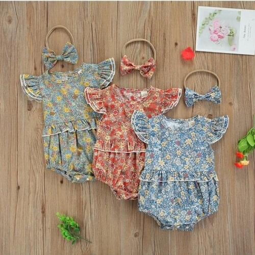 2Pcs Baby Girls Summer Cute Lovely Clothes Floral O-Neck Ruffle Sleeves Romper+Bow Headband for Toddler Girls 0-18 Months