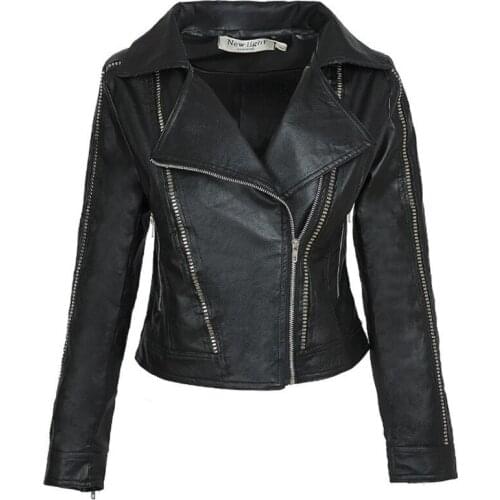 JIEZuoFang New Autumn Winter Womens Black Faux Leather Jackets Zipper Basic Coat Turn-down Collar Pilot Motorcycle Outerwear