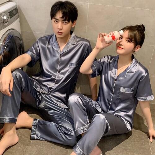Summer New Solid Color Silk Satin Pajamas Couple Set Short Sleeve Trousers Button-Down Lovers Sleepwear Plus Size Pj Set Pyjamas