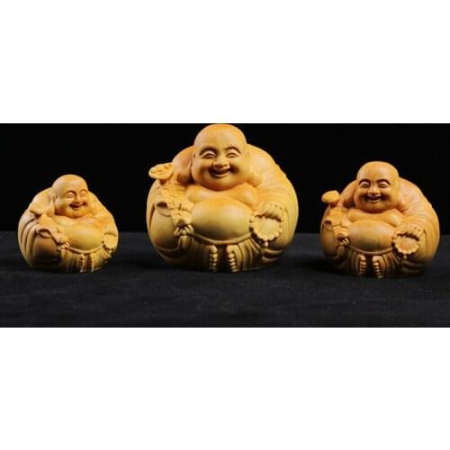 Boxwood Carving Small Buddha Statue Craft Gifts Decoration Laughing Buddha Maitreya Sculpture Home Decor