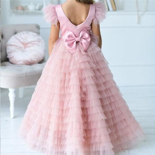 Sweet Pink A-line Girls Dresses Wave Tired Tulle Bow Sashes Communion Dress Flower Girl Dress Cap Sleeves for Celebrity
