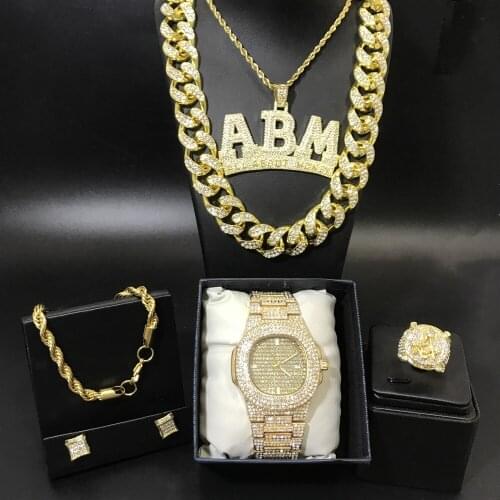 Hip Hop Men Gold Color Cuban Neckalce Luxury Men Watch & Neckalce & Braclete & Ring & Earrings Combo Set Ice Out Cuban For Men