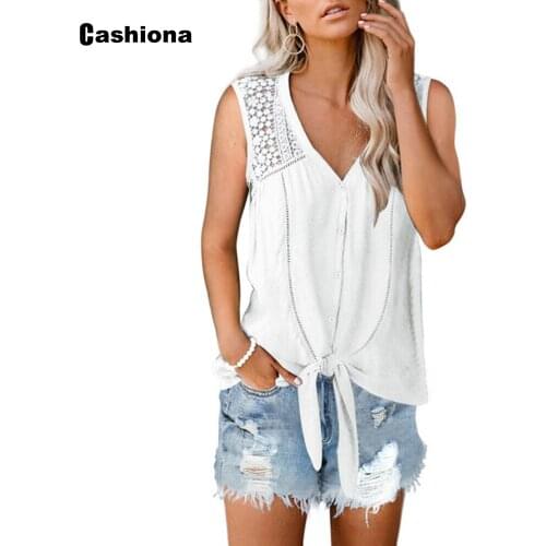 Cashiona 2021 summer new elegant leisure casual blouse women sleeveless patchwork lace tops feminina blusas shirt ropa mujer