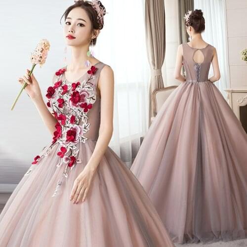 New greydish pink long sweat lady girl women princess bridesmaid banquet party ball performance dress gown