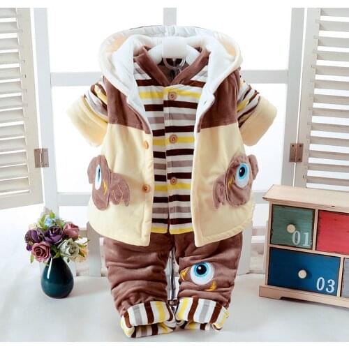 Autumn & Winter Newborn Boys Infant Babys Clothes Set khaki Cute Monster Design Add Cotton-Padded Thick 0-7T Baby 3 pieces/Set