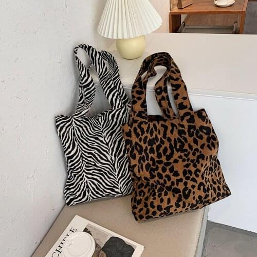 Casual Zebra Leopard Printed Large Capacity Shoulder Tote Bag Fashion Women Corduroy Handbag Ladies Animal Travel Shopping Pouch