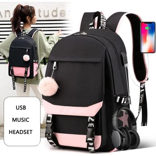 Teen Girls Backpack for High School Bag Large Nylon Black Cute Hairball College Student Backpack Women Patchwork Fashion 2021