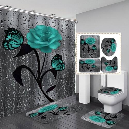Green Rose Print 3D Shower Curtain Waterproof Polyester Bathroom Curtain Anti-slip Bath Mat Set Toilet Rugs Carpet Home Decor