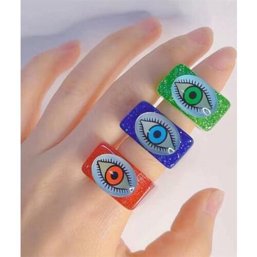 Harajuku Evils Eye Rings for Women Aesthetic Vintage Y2k Jewelry Fashion Korea Colorful Shiny Resin Rings Christmas Friend Gifts