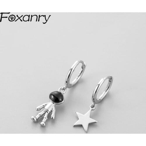 Foxanry Prevent Allergy 925 Sterling Silver Hoop Earrings for Women New Trendy Sweet Cute Asymmetry Star Party Jewelry Girl Gift
