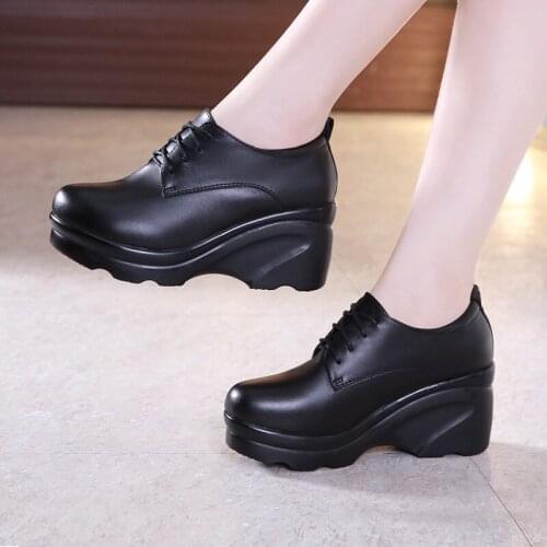 2019 high-heeled wedges waterproof platform womens single shoes round head deep mouth tie muffin thick bottom