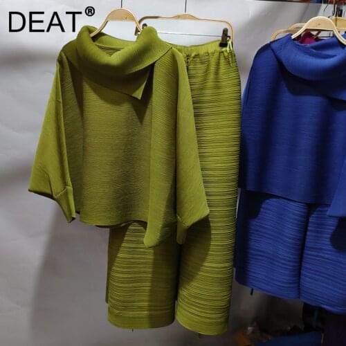 DEAT Women Pleated Suit Oversized Solid Lapel Collar Batwing Sleeve Top + Wide Leg Pants Casual Style 2021 New Autumn 15XF153