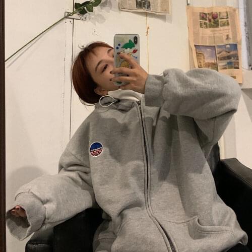 Oversized zip up sweatshirt streetwear loose long-sleeved korean style jacket Autumn 2020 new zipper women tops black hoodie