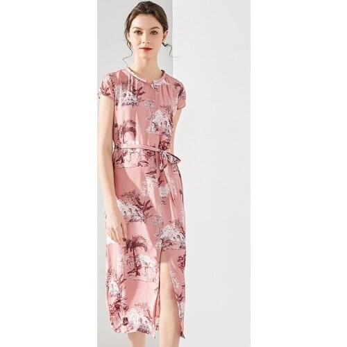 Dress Women 100% Silk Fabric Printed O Neck Short Sleeves Sashes Vintage Style Long Straight Dress New Fashion Summer