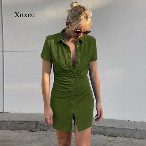 Sexy lapel Folds pencil Single-breasted mini shirt dress Short sleeve Casual Elegant Solid slim spring Summer Ladies 2021 dress