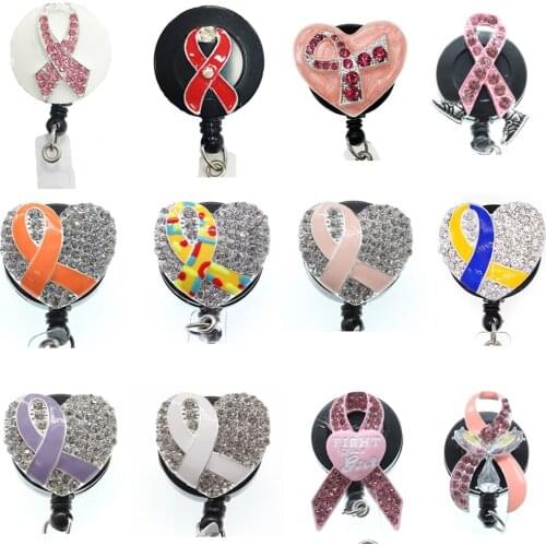 10 Pcs/Lot Bling Breast Cancer Awareness Ribbon Rhinestone Retractable Nurse ID Badge Holder Reel