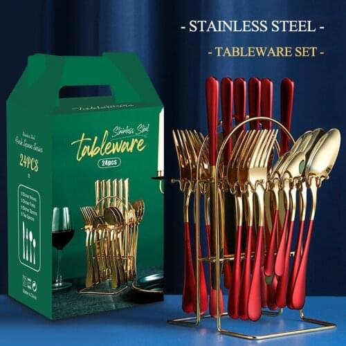 24Pcs Gold Dinnerware Set Stainless Steel Tableware Set Fork Spoon Knife Luxury Cutlery Set Gift Box Flatware Dishwasher Safe
