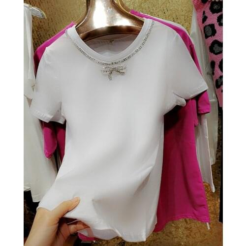 Plus size 6XL!2021 summer fashion Luxury shiny crystal cotton t-shirt women necklace bow stretch slim Top tees