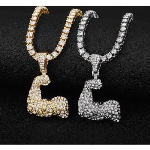 Hip Hop Iced Out Bling Muscular Arms Tennis Chain Gold Color Pendants & Necklaces For Men Women Jewelry With Chains