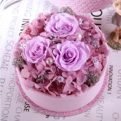 Purple Mixed Preserved Fresh Flowers with Round 13.5cm Box For Wedding Party Birthday Valentines Day Gift Favors