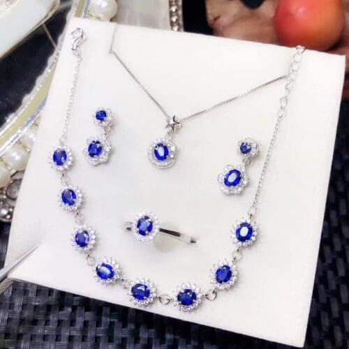 Fashion blue sapphire jewelry set including ring earrings necklace braceletn real 925 silver natural gem girl birthday gift