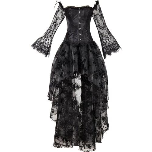 Lace Sleeves Steampunk Corset Dress Slimming Burlesque Clothes Steel Boned Palace Style Sexy Gothic Bustier Top Irregular Skirt