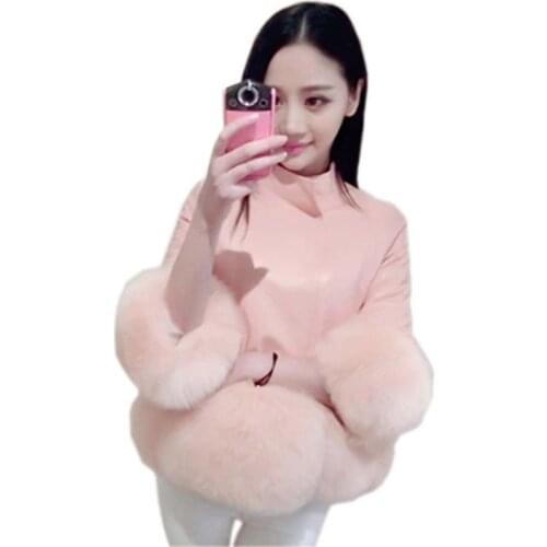 Spring and Autumn Womens PU Leather Faux Fox Fur Stitching Fur Stand Collar Womens Cropped Sleeve Leather Jacket Woman Jacket