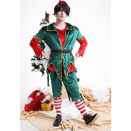 Men Adult Mr Elf Red and Green Performance Lycra Fiber Couple Outfit Cosplay Costume for Christmas with Belt and Stripped Socks