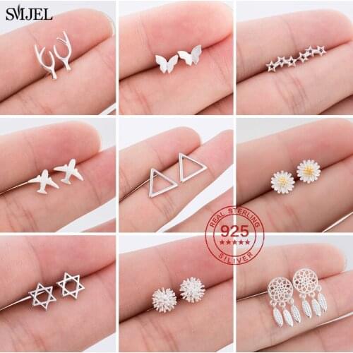 Genuine 925 Sterling Silver Earrings Personality Triangle Airplane Antler Dreamcatcher Dandelion Daisy Flower Earings Studs Gift