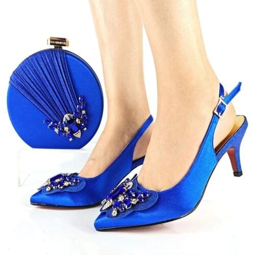 New Arrival Italian Design Royal Blue Color Party African Women Shoes and Bag Set Decorated With Butterfly-Kont Style Rhinestone