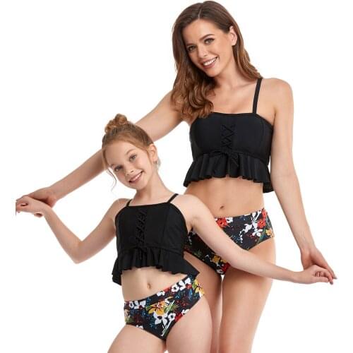 Mom and Daughter Two Piece Swimsuits Ruffles Frill Top+Floral Bottoms Family Matching Bathing Suit Swimwear Parent-Child Bikinis