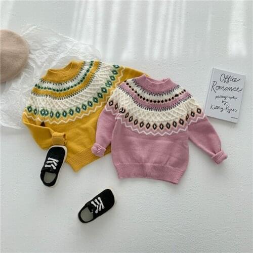 DFXD Autumn Winter Kids Clothing Baby Girls Knitted Sweaters Long Sleeve Retro Christmas Pullover Knitwear Girls Sweater 2-8Yrs