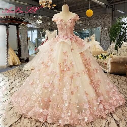 AnXin SH Luxury princess pink flower lace beading crystal illusion o neck ruffles ball gown wedding dress 100% real photo