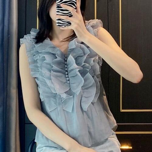 V-neck Backless Lace-up Slim Woman Tops Sweet Cascading Ruffle Solid Chiffon Blouse 2021 Summer Chic Blusas Mujer De Moda