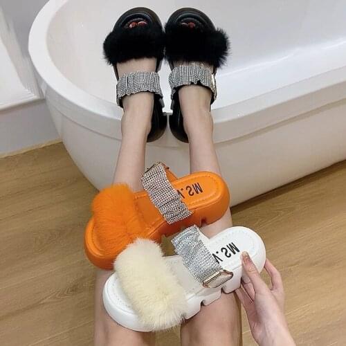 Fluffy Shoes Rhinestone Platform Muffin Wedge Height Increasing Flip-Flops Beach Sandals Outdoor Slippers Women