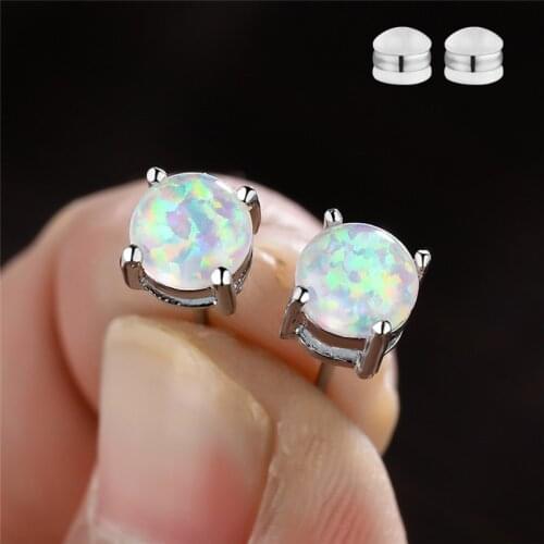 6MM Round Stone Small Earrings White Fire Opal Stud Earrings For Women Wedding Jewelry Vintage Fashion Bride Engagement Earrings