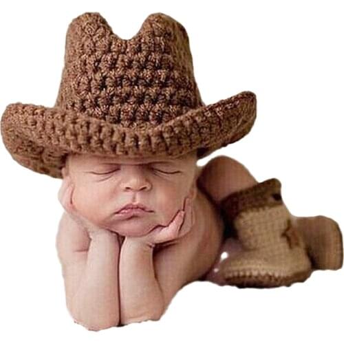 Newborn Baby Boy Hat Beanie Cowboy Design Hats&boots Crochet Knitted Baby Unisex Kids Photo Props Infant Costume Winter Caps