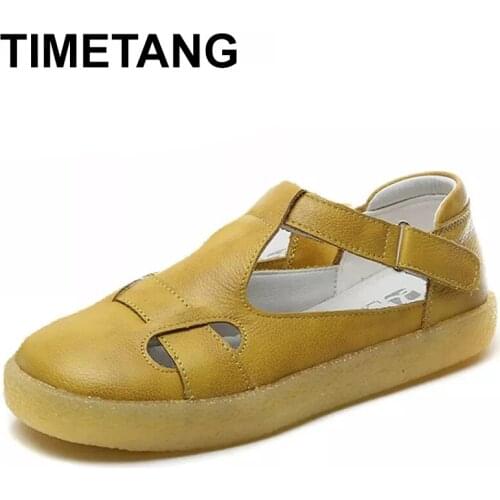 TIMETANG Genuine Leather Shoes Woman Hollow Out Sandals Female Casual Flat With Sandals Ladies Shoe Sandalias De Mujer Verano